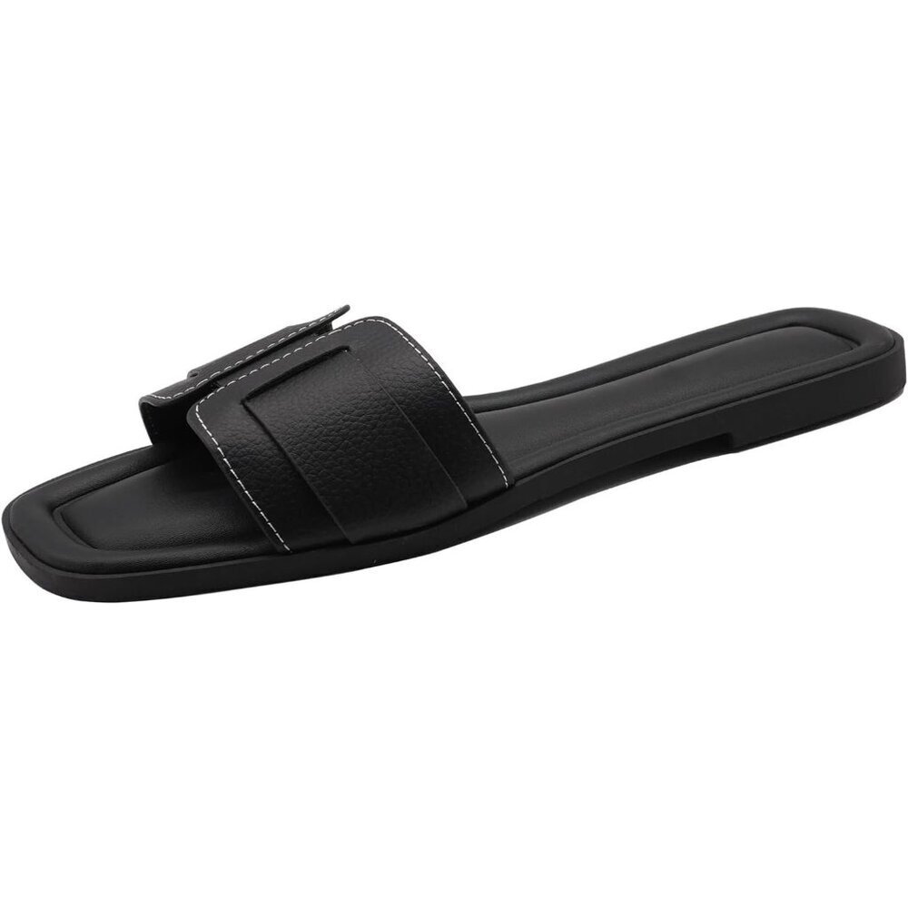 Womens Black Faux Leather Open Toe Breathable Lightweight Flat Slide Sandals